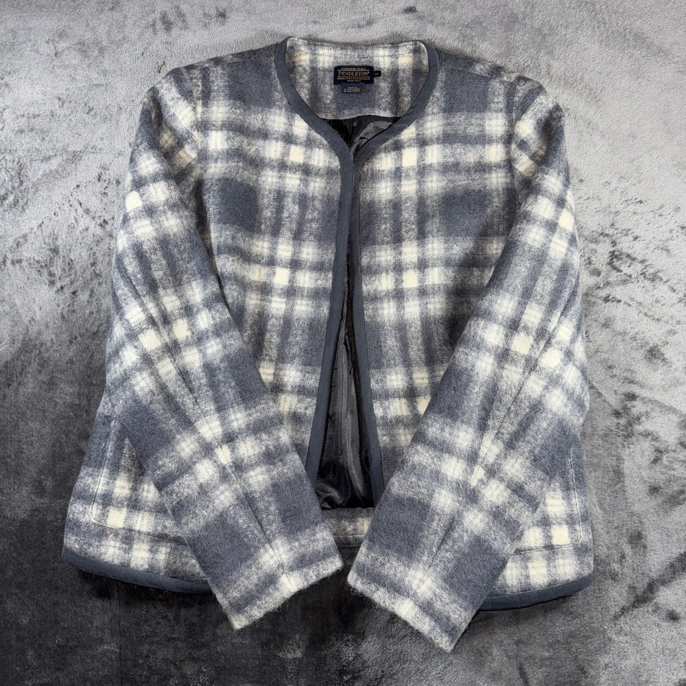 Pendleton Mohair Virgin Wool Plaid Open Front Jacket Grey Cream 14 TF100-40665